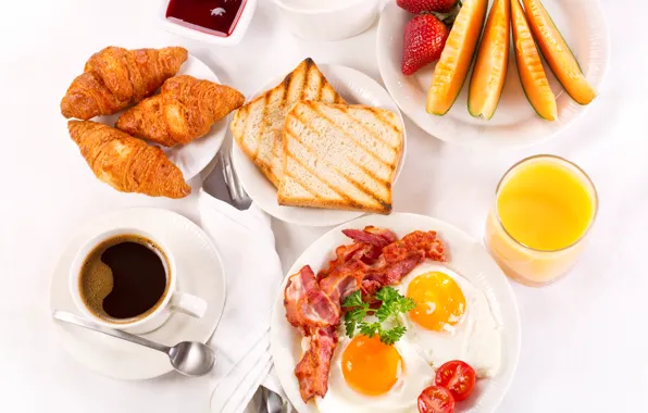 Coffee, Breakfast, cream, strawberry, juice, fruit, scrambled eggs, cup