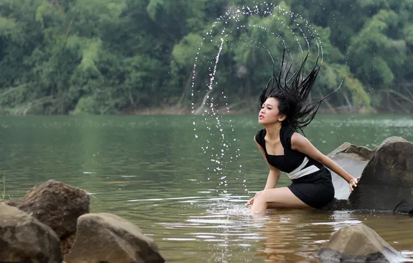 Forest, girl, nature, lake, hair, Asian, photoshoot, water splashes