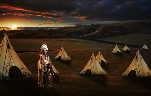 Picture sunset, Indian, tepees