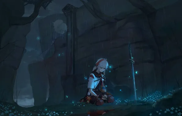 Sadness, flowers, mountains, each, rain, fantasy, Ghost, grave