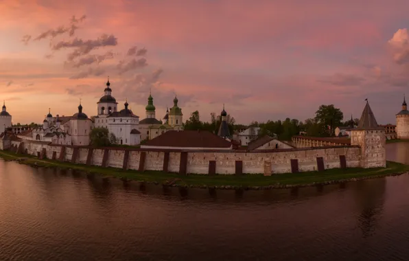 Picture sunset, lake, wall, Russia, the monastery, temples, Church, Kirillov
