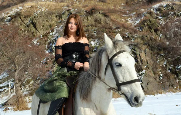 Model, Smile, Snow, Horse, Kleofia, Riding