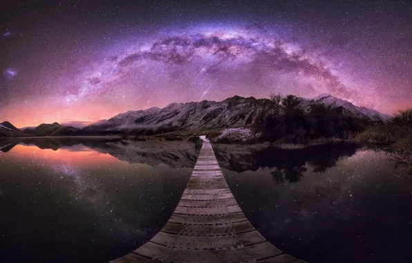 The sky, stars, mountains, bridge, lake, reflection, New Zealand, New Zealand