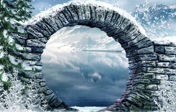 Snow, mountains, bridge, lake, plant