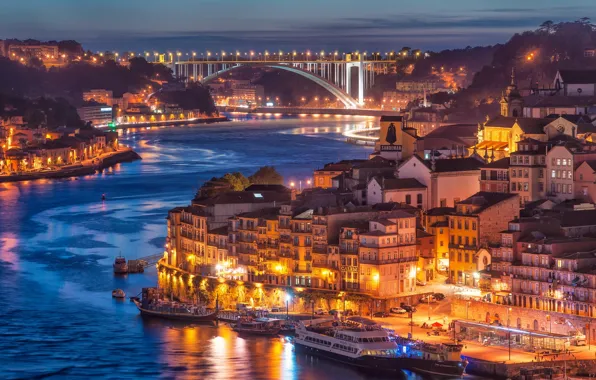 Picture city, river, bridge, Nightfall in Porto