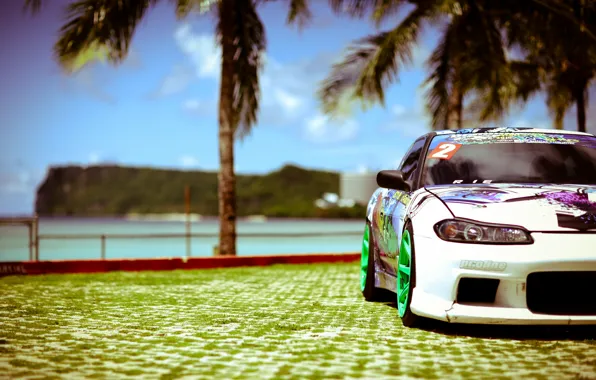 Sea, the sun, palm trees, tuning, white, S15, Silvia, Nissan