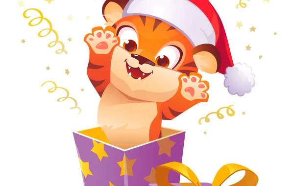 Cute, Tiger, Kitty, Smile, Hat, New year, Cub, Baby