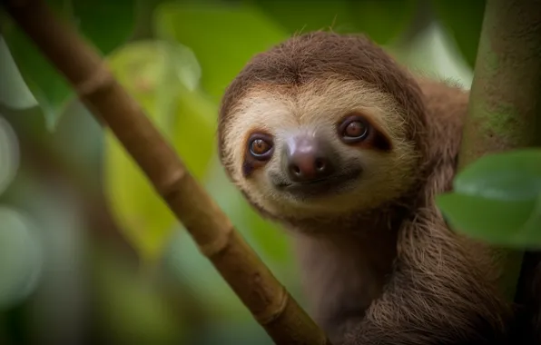 Greens, look, leaves, nature, smile, portrait, branch, sloth