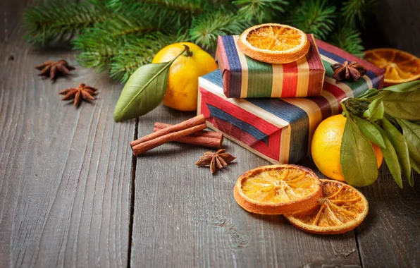 Picture decoration, tree, orange, New Year, Christmas, gifts, cinnamon, happy