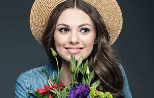 Picture flowers, smile, background, portrait, bouquet, hat, makeup, hairstyle