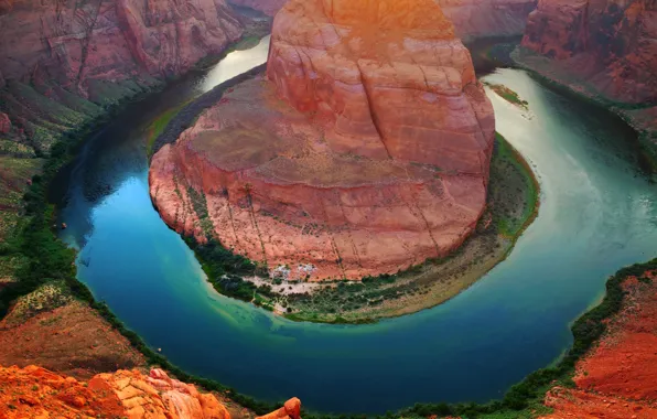 The sun, river, stones, rocks, dawn, Colorado, canyon, USA