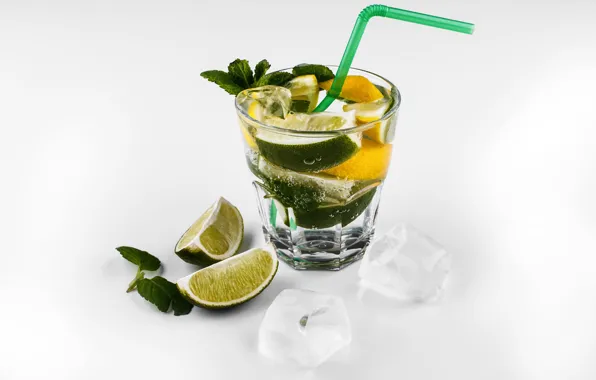 Picture glass, lemon, cubes, ice, cocktail, white background, lime, tube