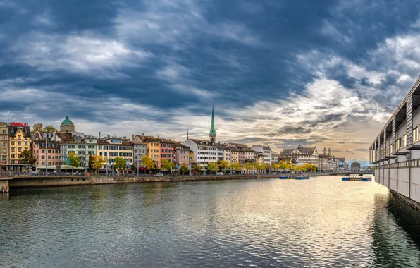 The sky, river, building, home, Switzerland, promenade, Switzerland, Zurich