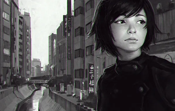 Picture girl, the city, river, street, anime, Japan, art, channel