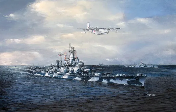 Picture sea, the sky, figure, art, the carrier, ship of the line, WW2, seaplane