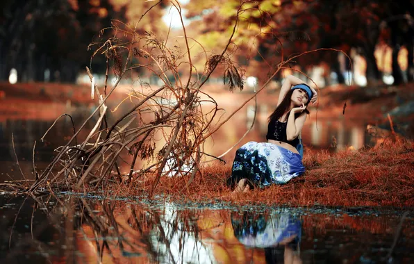 Girl, nature, lake, mood