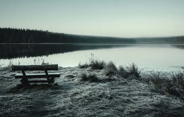 Picture landscape, lake, bench