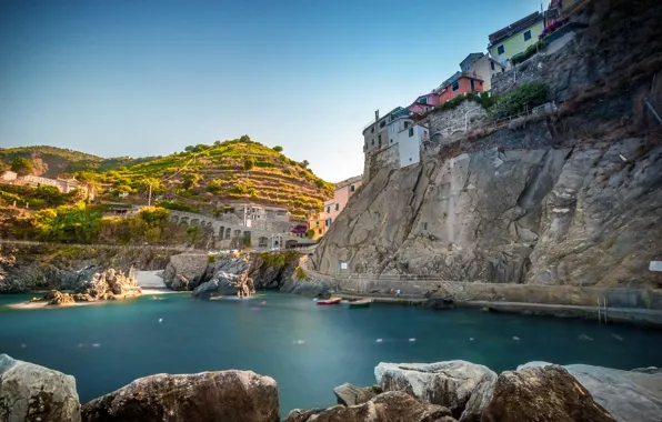 Sea, the city, rocks, home, Italy, Manarola, Cinque Terre