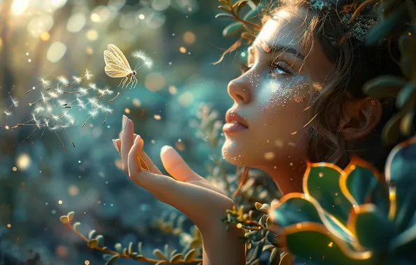 Look, girl, light, flowers, pose, fantasy, butterfly, hand