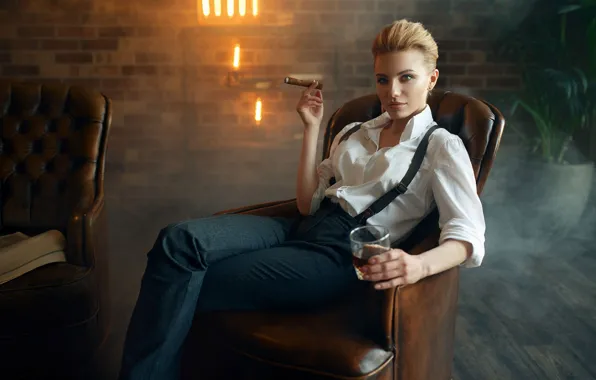 Picture look, girl, glass, pose, chair, cigar, pants, Max Kuzin