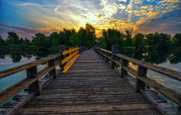 Sunset, bridge, lake, pond, the evening