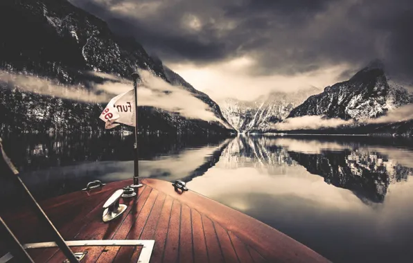 Picture winter, the sky, water, clouds, snow, mountains, clouds, reflection