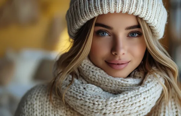 Winter, look, girl, face, smile, hat, portrait, makeup