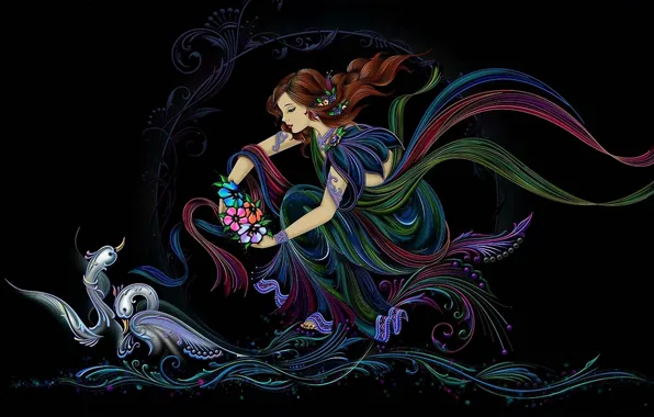 Wave, girl, flowers, the wind, Swan, creativity