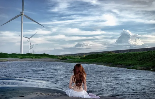 Girl, landscape, lake, windmills
