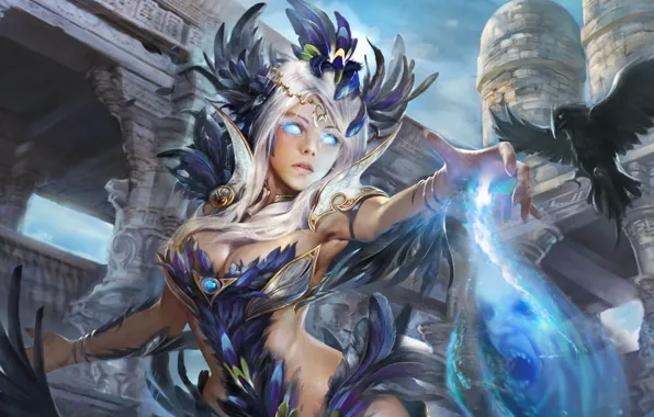 Fantasy, magic, Girl, art, Raven