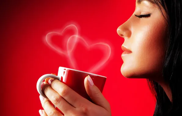 Picture girl, eyelashes, hair, heart, hands, Cup, profile, red background
