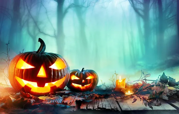 Autumn, leaves, candles, Halloween, pumpkin