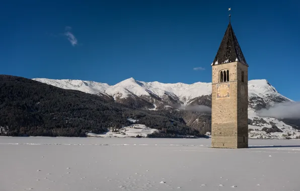 Mountains, lake, ice, Italy, Church