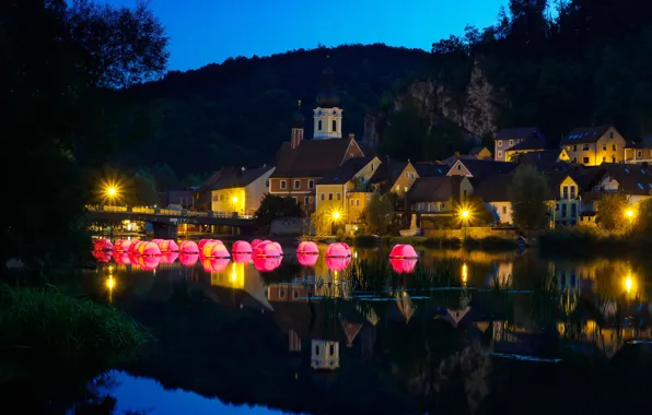Night, lights, lake, reflection, home, Germany, Bayern, Kallmünz