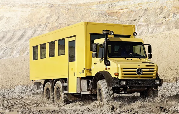 Yellow, Mercedes-Benz, dirt, truck, van, 6x6, triaxial, Unimog