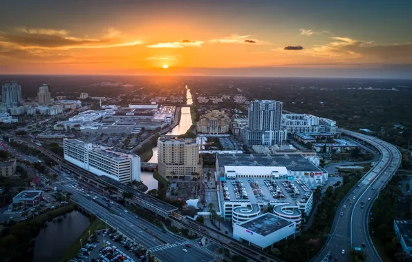 Sunset, the city, Miami