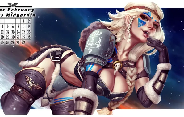 Chest, girl, blonde, calendar, art, miss february, midgardia
