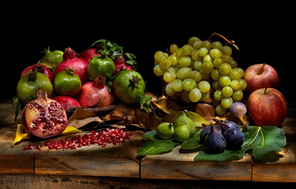 Apples, food, grapes, fruit, black background, still life, items, a lot