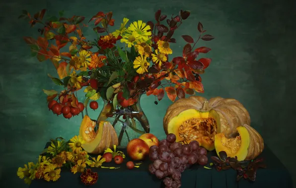 Leaves, flowers, branches, table, bouquet, fruit, grapes, pumpkin