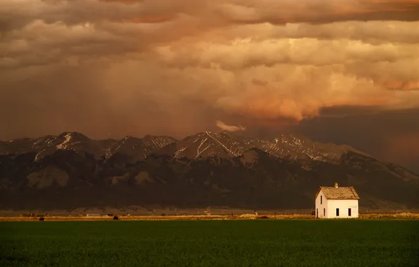 Field, the sky, clouds, light, sunset, mountains, house, tops