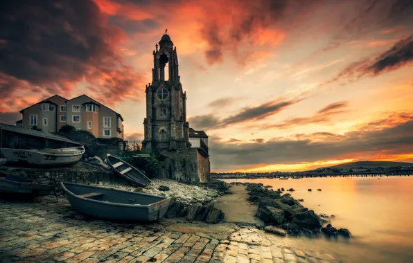 Picture sea, landscape, sunset, shore, the building, boats