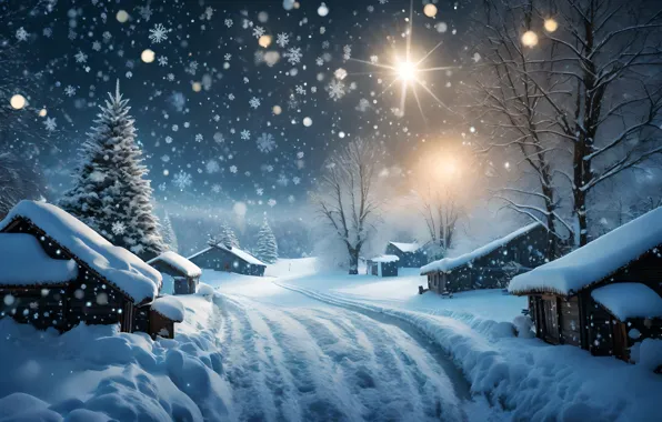 Winter, snow, night, house, Christmas, hut, New year, houses