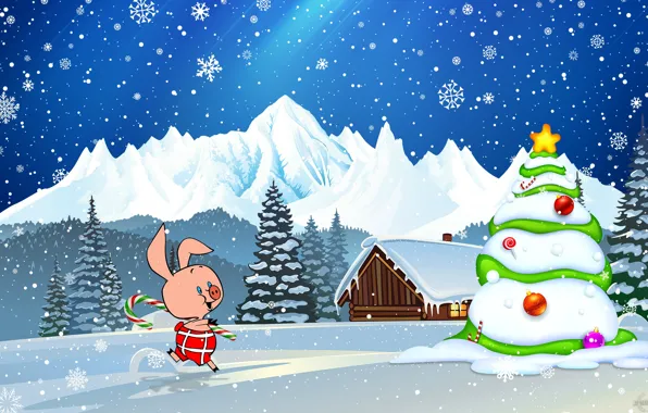 Pig, Snow, Christmas, Snowflakes, Background, New year, Holiday, Art