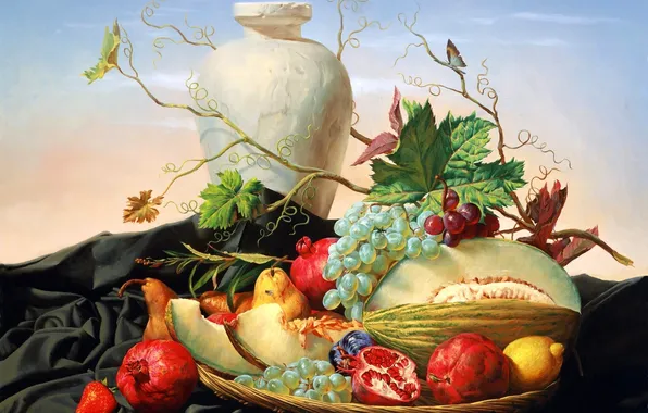 Grapes, vase, pear, fruit, still life, painting, garnet, melon