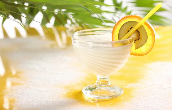 Leaves, glass, orange, kiwi, cocktail, slices, tube