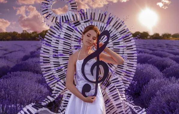 Summer, girl, nature, style, music, keys, white dress, lavender