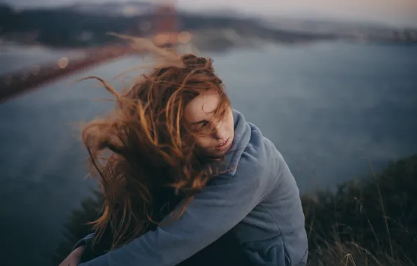 Picture girl, the wind, red, sitting