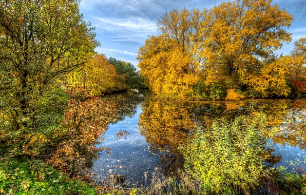 Picture autumn, the sky, the sun, clouds, trees, pond, Park, HDR