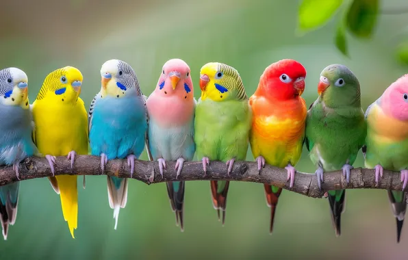 Birds, branch, parrots, colorful, a lot, green background, budgerigars, flock