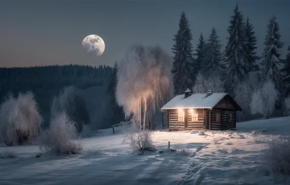 Winter, frost, forest, light, snow, trees, night, house